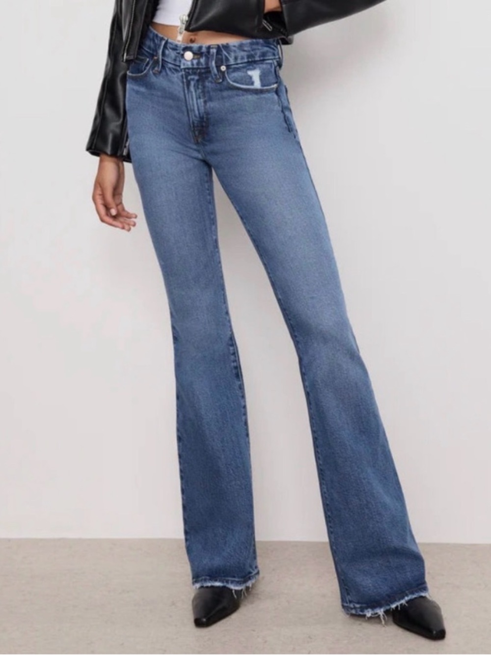 Good American Good Legs Flare Indigo Jeans Size 31/12 Distressed Hem EUC - Picture 2 of 11